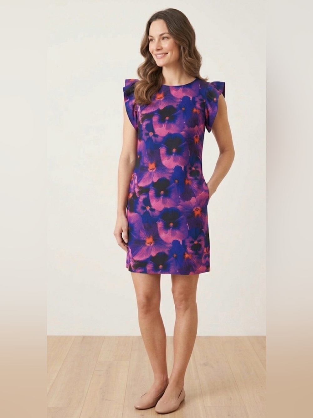 🌺 Vibrant Floral Shift Dress in Pink, Purple & Navy - size 8
